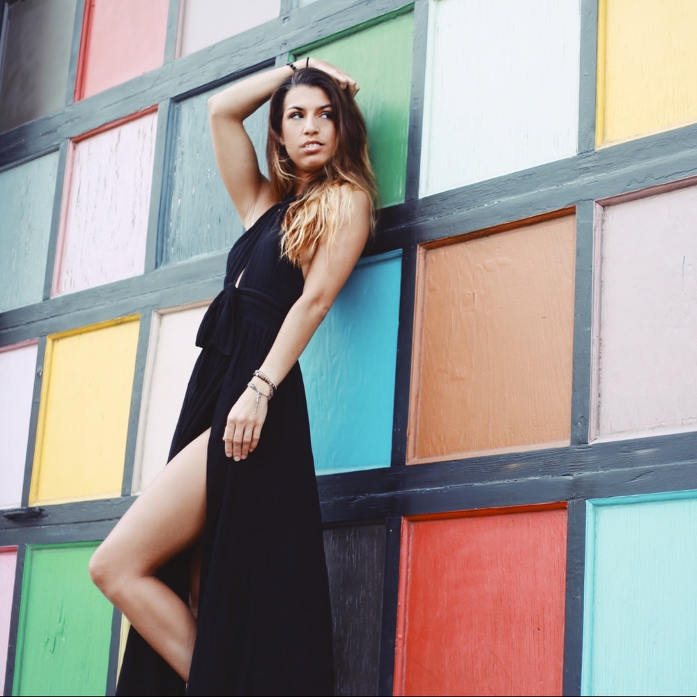 blue open back high slit dress